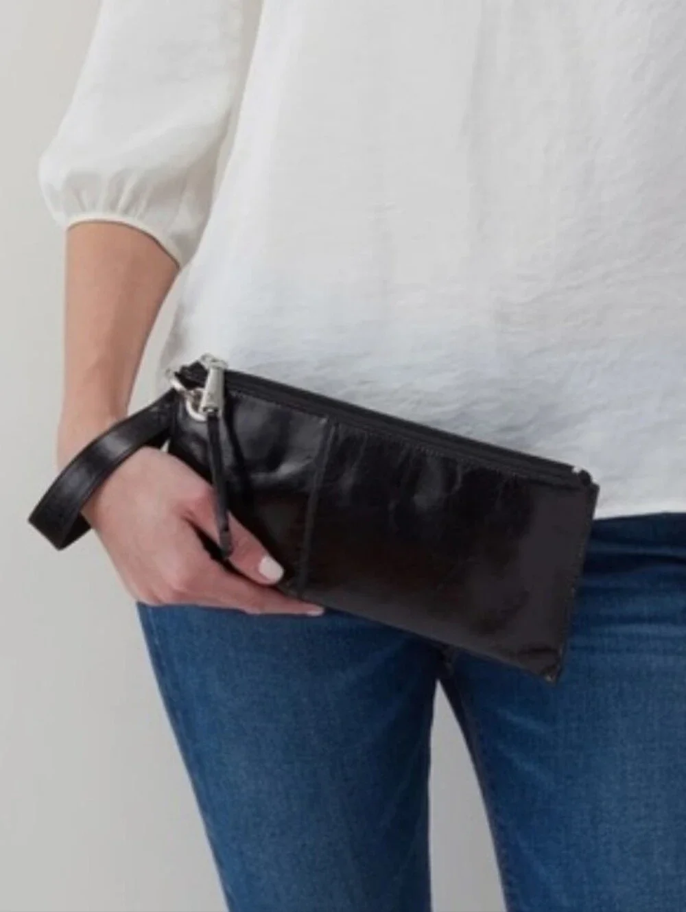hoBo Black Leather Wristlet Clutch with Zip Pull